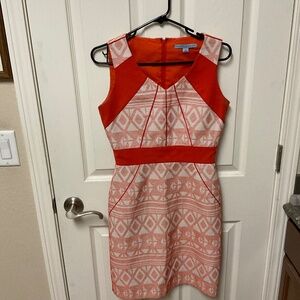 Antonio Melani size 2 dress.  Reddish orange and white pattern.  Office apparel.